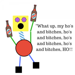 My thoughts on AA. Cartoon man holding two beers calling out, "What up, my ho's and bitches."