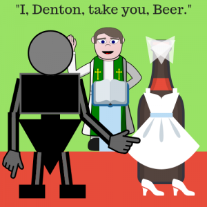 The Addict's Spouse. Cartoon man marrying a beer bottle.